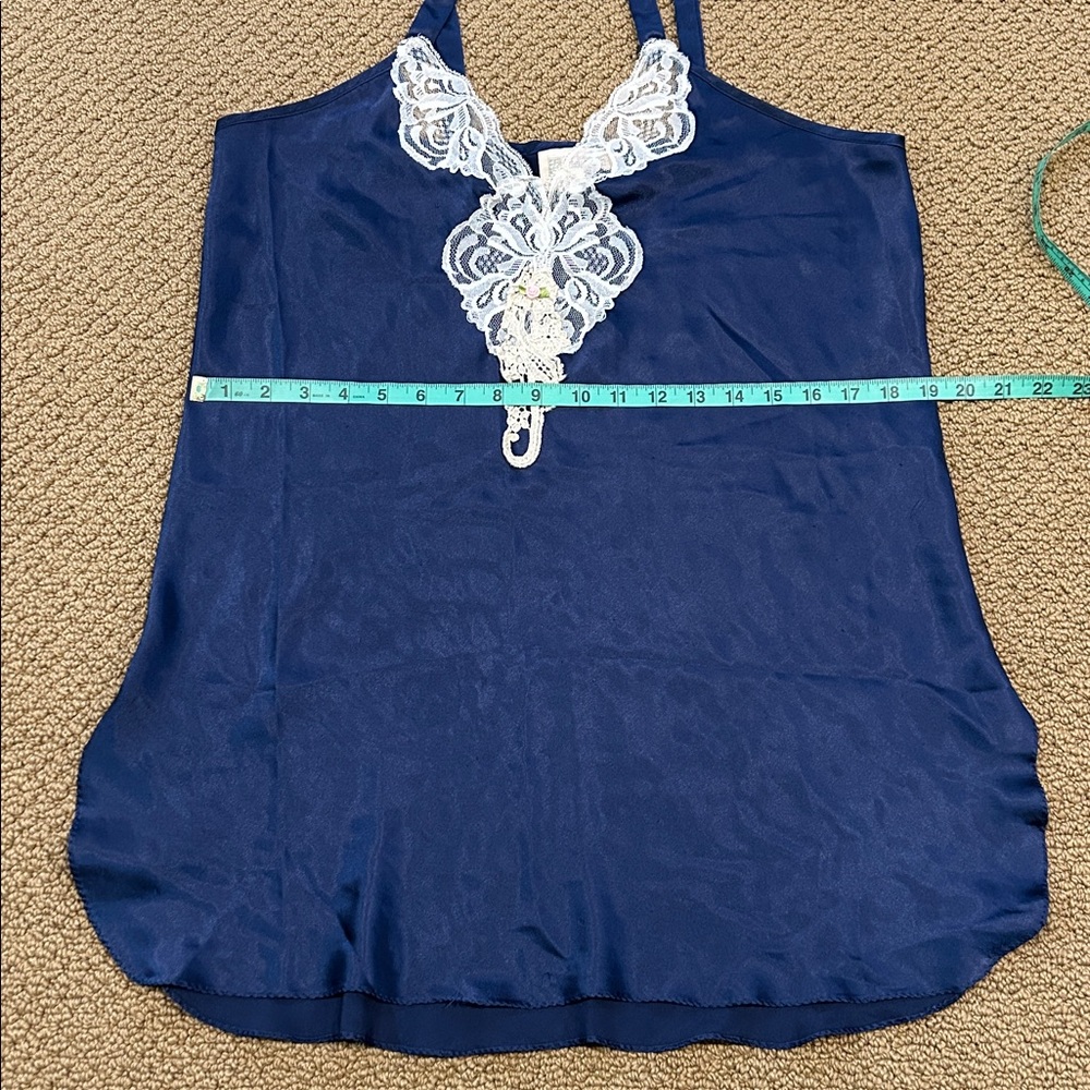 Vintage California Dynasty 2-pc Lingerie & Robe Set Large Navy Blue Lace Satin - Picture 7 of 17